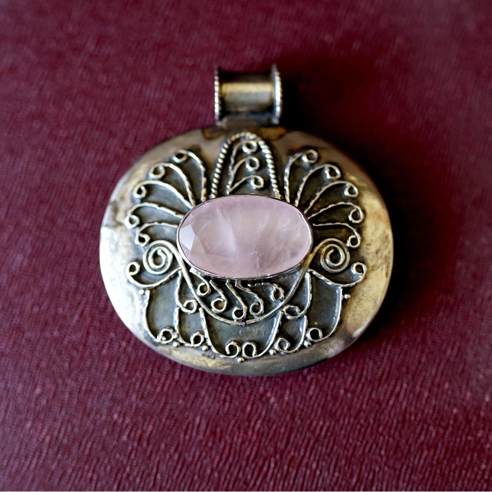 Vintage Rose Quartz and Silver Ornate Pendant
